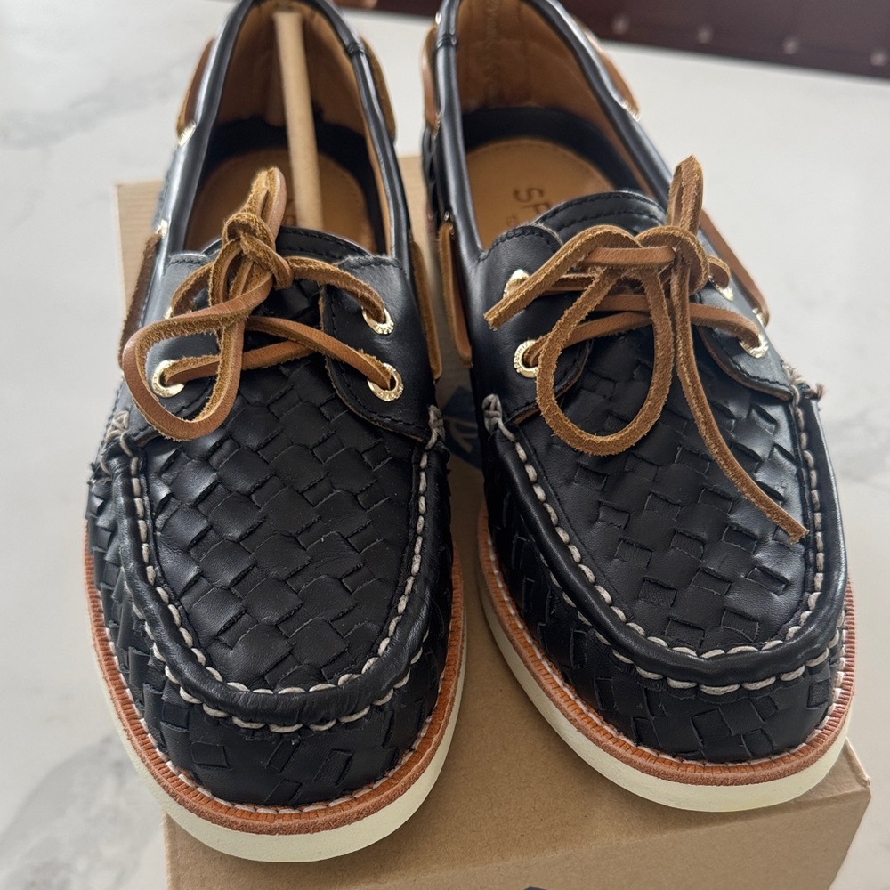 Sperry Black Woven Leather Boat Shoes with Tan Laces - Picture 4 of 4